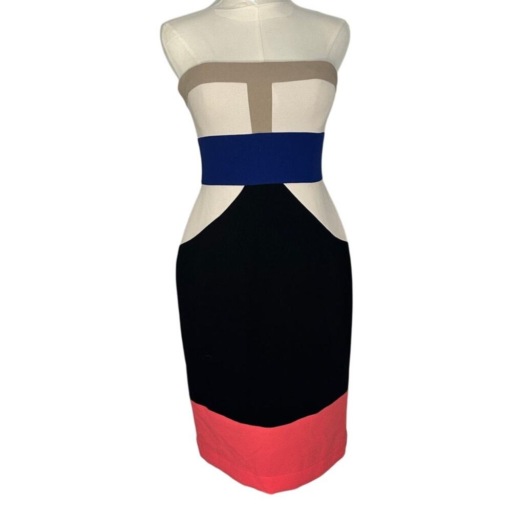 BCBGMaxAzria Strapless Colorblock Midi Dress in Beige, Blue, Black, Coral